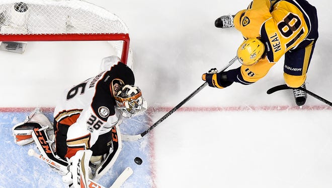Nashville Predators right wing James Neal (18) shoots into Anaheim Ducks goalie John Gibson (36) during the second period in game 4 of the Western Conference finals at Bridgestone Arena in Nashville, Tenn., Thursday, May 18, 2017.