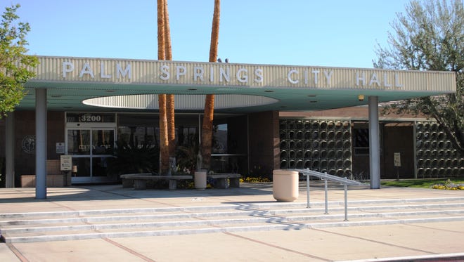 An image showing the front of Palm Springs City Hall. A window and door on the west side of the building were discovered vandalized Monday morning.