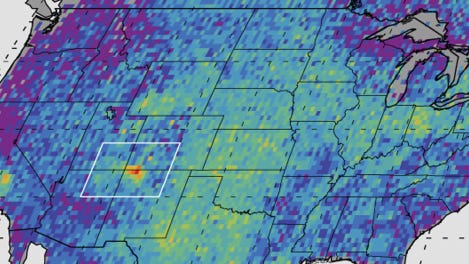 This undated handout image provided by NASA/JPL-Caltech/University of Michigan, shows that the Four Corners area, in red, is a major U.S. hot spot for methane emissions. The map shows how much emissions varied from average background concentrations from 2003-2009. Dark colors are lower than average; lighter colors are higher.