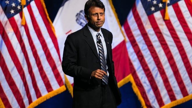 Republican presidential candidate Bobby Jindal speaks during the Faith and Freedom Coalition Dinner at the Iowa State Fairgrounds in Des Moines on Saturday, Sept. 19, 2015.