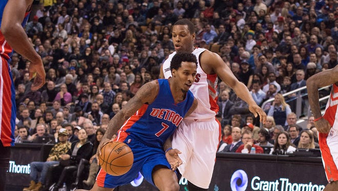 Detroit Pistons guard Brandon Jennings (7) drives to the basket as Toronto Raptors guard Kyle Lowry (7) defends during the second quarter in a game at Air Canada Centre.