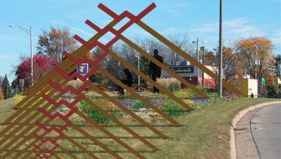 A rendered example of what a public art installation could look like at the grass island between where Saginaw Street and Oakland Avenue converge.