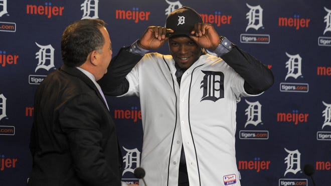 General manager Al Avila is obviously pleased to introduce another upgrade to the Tigers roster, outfielder Justin Upton, at Comerica Park.