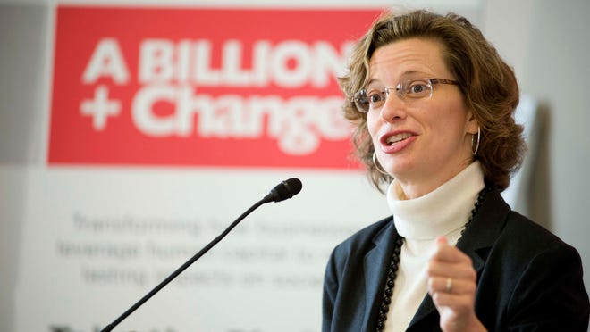 FILE - In this Nov. 3, 2011 photo provided by A Billion + Change, Points of Light CEO Michelle Nunn speaks at the launch of A Billion + Change, a national campaign to mobilize billions of pro bono and skills-based service resources by 2013, at a ceremony on Capitol Hill in Washington. The race for Georgia's U.S. Senate seat started to take shape Monday as Nunn, a Democrat, announced plans to run for her father's old seat, joining a crowded field of Republicans contenders. (AP Photo/A Billion + Change, Kevin Wolf, File) ORG XMIT: NY120