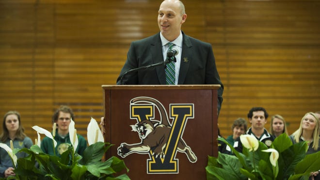 UVM’s new athletic director Jeff Schulman gives a speech during the announcement ceremony at Patrick Gym on Wednesday in Burlington.