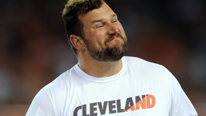 Cleveland Browns tackle Joe Thomas (73) on the sideline against the Washington Redskins in a preseason NFL football game at FirstEnergy Stadium.