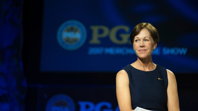 In this Jan. 26, 2017 photo provided by the PGA of America, PGA of America vice president Suzy Whaley listens on the Forum Stage during the 2017 PGA Merchandise Show held at Orange County Convention Center in Orlando, Fla.  Fifteen years after becoming the first woman to qualify for a PGA event in 58 years, Whaley is expected to be elected on Friday as the first female president of the PGA of America. (Traci Edwards/PGA of America via AP)