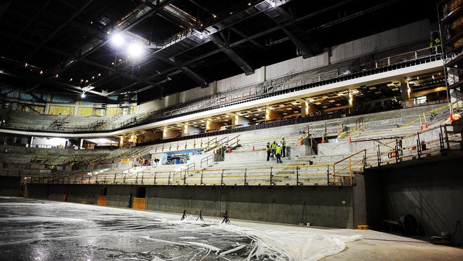 Progress in construction of the Denny Sanford Premier Center next to the Arena is evident Friday in a view from the floor level.
 Joe Ahlquist / Argus Leader The construction site of the Denny Sanford Premier Center in Sioux Falls on Friday, Jan. 17, 2014. (Joe Ahlquist / Argus Leader)