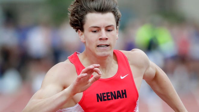 Neenah's Colin Enz competes in the Division 1 400 meter dash during the finals of the WIAA state track and field meet Saturday, June 2, 2018, at Veterans Memorial Stadium in La Crosse, Wis.