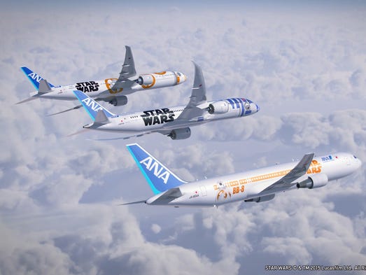 An rendering showing all three of ANA's Star Wars-themed