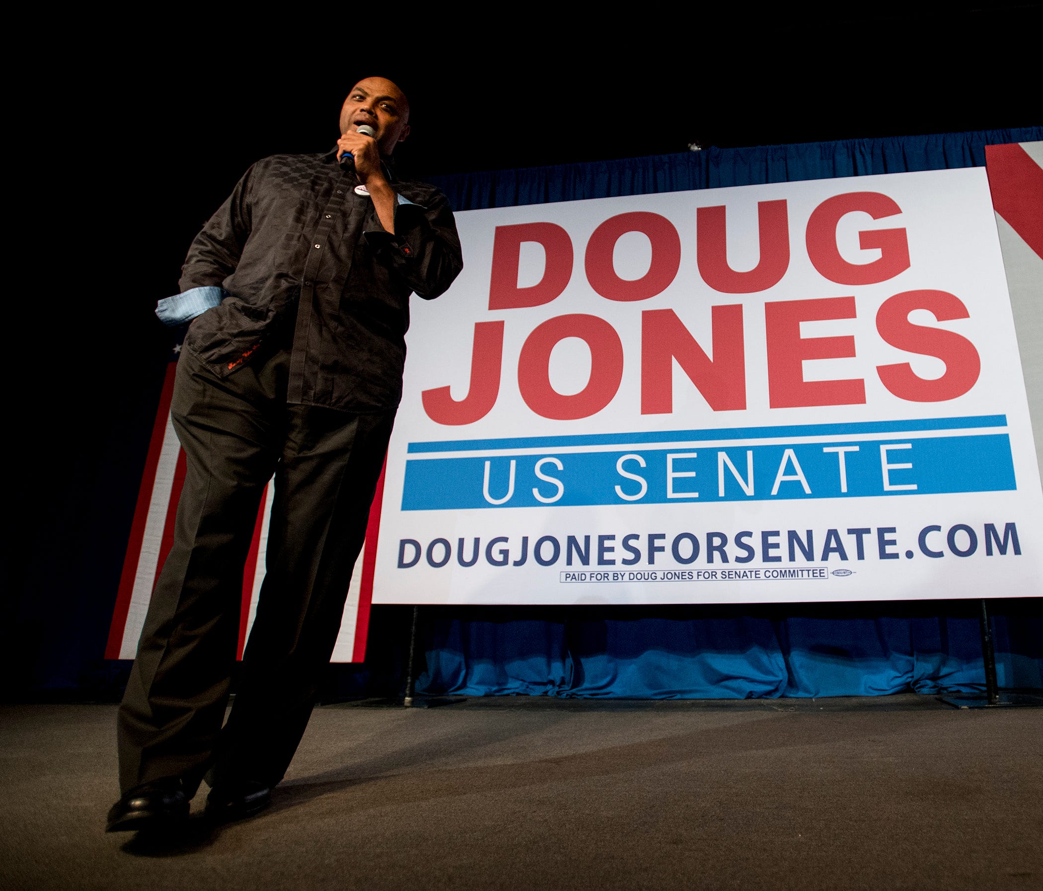 Charles Barkley speaks at U.S. Senate candidate Doug Jones' rally in Birmingham, Ala. on Monday night December 11, 2017.