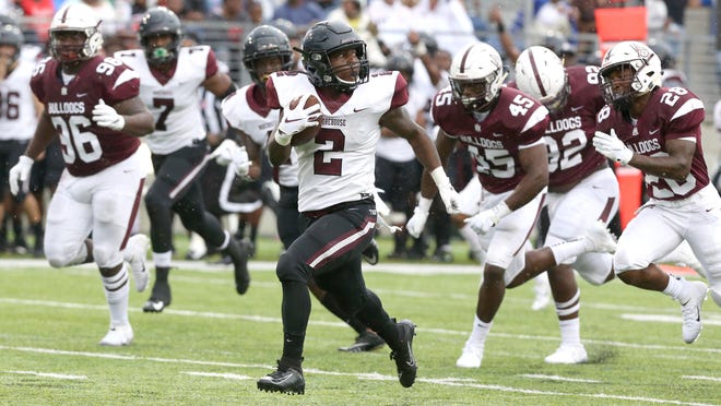 Morehouse's Frank Bailey Jr. runs for a touchdown during the second quarter of the Black College Football Hall of Fame Classic against Alabama A&M at Tom Benson Hall of Fame Stadium in Canton on Sunday, Sept. 1, 2019.