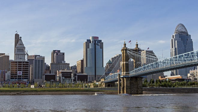 A view of downtown Cincinnati as seen from the banks of the Ohio River in Covington.