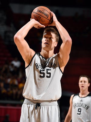 Egidijus Mockevicius shoots a free throw during the Brooklyn Nets' game against the Cleveland Cavaliers during the 2016 NBA Las Vegas Summer League on July 9 at The Thomas & Mack Center in Las Vegas.