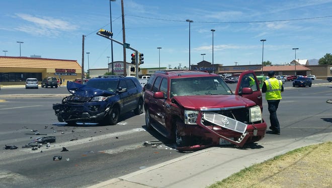 A Cadillac SUV crashed into a Las Cruces Police Department patrol unit at the intersection of El Paseo Road and Idaho Avenue on May 29, 2018.