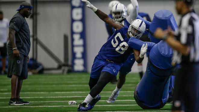 Indianapolis Colts linebacker Tarell Basham (58) at the Indianapolis Colts practice on Tuesday, June 13, 2017, at the Colts Complex.