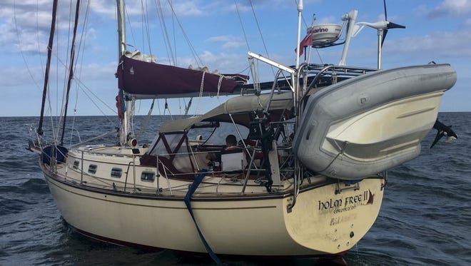 A 35-foot sailboat was rescued from sinking by the U.S. Coast Guard Friday morning 12 miles west of Sanibel.