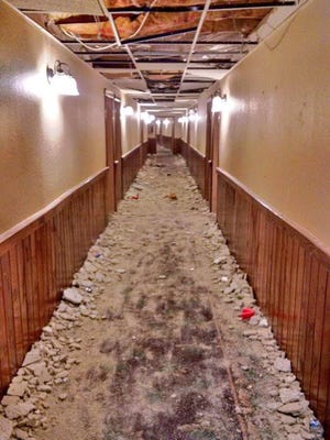 University of Michigan fraternity members are accused of causing significant damage to 45 rooms, including ths hallway pictured here, at Treetops Resort in Dover Township near Gaylord in Michigan.