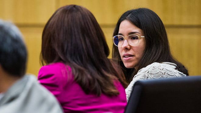 Jodi Arias (right) speaks to her defense attorney, Jennifer Willmott during her sentencing retrial at Maricopa County Superior Court on Oct. 23, 2014, in Phoenix.