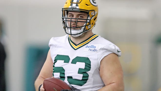 Green Bay Packers center Corey Linsley (63) checks out the media during practice inside the Don Hutson Center Wednesday, November 15, 2017 in Ashwaubenon, Wis.