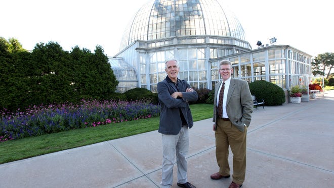 John Cullen, 48, President of The World Cup of Gardening and Mike McClelland,46,  Managing Director stand in front of the Belle Isle Conservatory and gardens, where they are working to bring internationally acclaimed gardeners  to Belle Isle for an international competition event. Thursday, September 25, 2014. The event would take place around the campus of the Anna Scripps Whitcomb Conservatory and would be hosted June 16-21 of 2015.