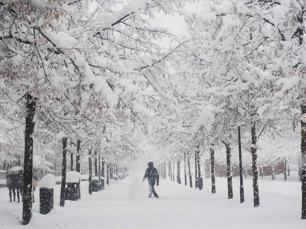 A man walks during snow fall in Stockholm Sweden.