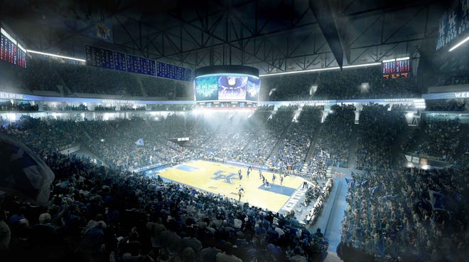 Renderings for proposed renovations to Rupp Arena show freshened seating areas and suite spaces.