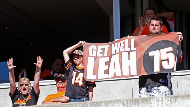 
Fans show their support for Leah Still, daughter of Cincinnati Bengals defensive tackle Devon Still (75) during the fourth quarter of their game against the Atlanta Falcons played at Paul Brown Stadium. 
