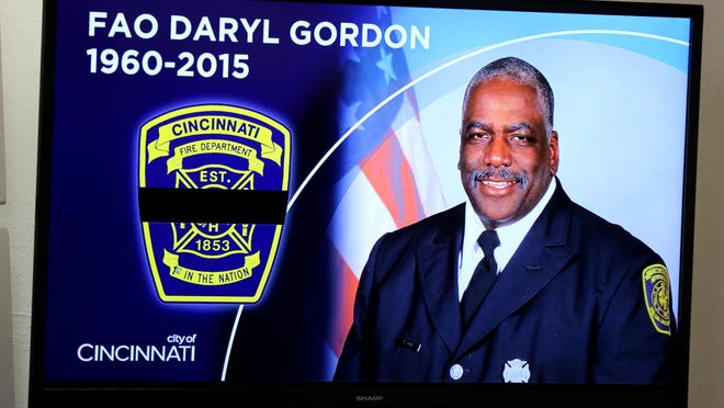 The Enquirer/ Liz DufourCincinnati firefighter Daryl Gordon, a 26-year veteran, was killed this morning as he searched for victims in a four-alarm fire in Madisonville. Thursday, March 26, 2015Cincinnati firefighter Daryl Gordon, a 26-year veteran, was killed this morning as he searched for victims in a 4-alarm fire in Madisonville. This image is from a monitor at City Hall during the press conference with Mayor John Cranley and others. The Enquirer/ Liz Dufour