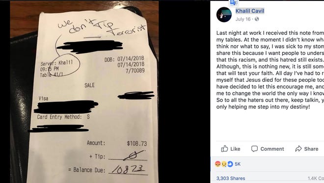 Khalil Cavil's said a customer wrote this note on his bill. An investigation revealed Cavil fabricated the offensive message.
