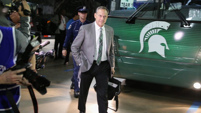 Michigan State football coach Mark Dantonio arrives before the Goodyear Cotton Bowl on Dec. 31, 2015, at AT&T Stadium in Arlington, Texas.