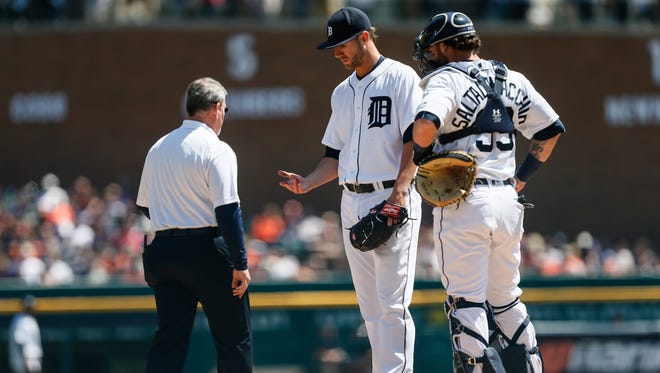 Detroit Tigers' pitcher Shane Greene is taken out of the game against the Cleveland Indians at Comerica Park in Detroit on Sunday, April 24, 2016.