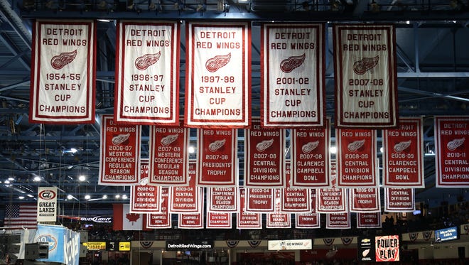Red Wings banners hanging in the rafters above the ice at Joe Louis Arena on Tuesday, Jan. 31, 2017.