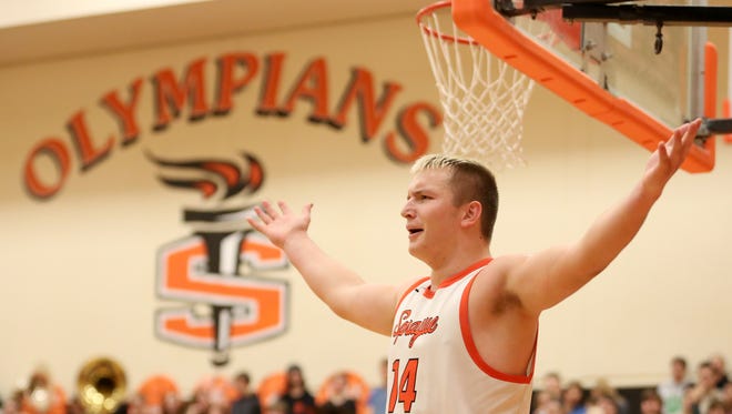 Sprague's Teagan Quitoriano (14) reacts to a play in the first half of the West Salem vs. Sprague boys basketball game at Sprague High School in Salem on Tuesday, Jan. 9, 2018. Sprague won the game 66-53.