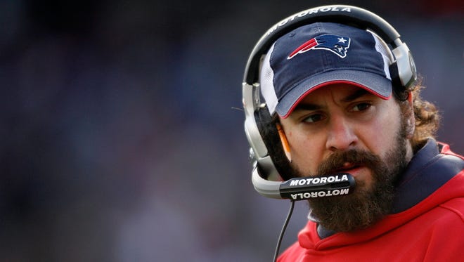 Patriots linebacker coach Matt Patricia looks on against the Ravens during the 2010 AFC wildcard playoff game at Gillette Stadium on Jan. 10, 2010 in Foxboro, Mass.