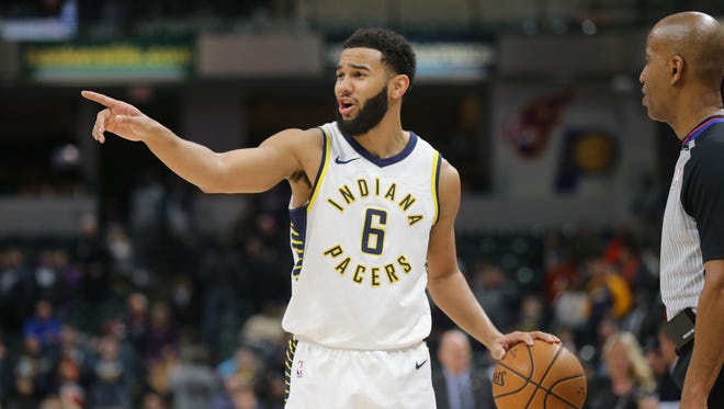 Indiana Pacers guard Cory Joseph (6) runs out the clock at the end of the game against the Phoenix Suns at Bankers Life Fieldhouse on Jan. 24, 2018. The Pacers beat the Suns 116 to 101.