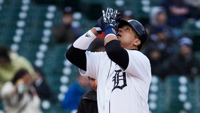 Apr 17, 2018; Detroit, MI, USA; Detroit Tigers designated hitter Victor Martinez celebrates his two-run home run in the second inning against the Baltimore Orioles at Comerica Park.