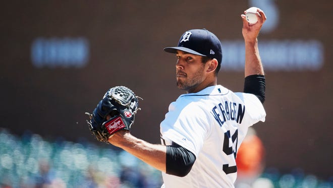 Detroit Tigers starting pitcher Drew VerHagen (54) pitches in the first inning against the New York Yankees at Comerica Park.