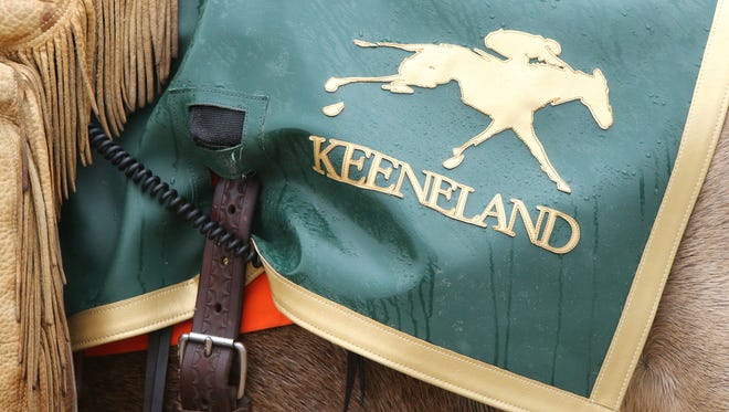 Water drips off a Keeneland rain cover.