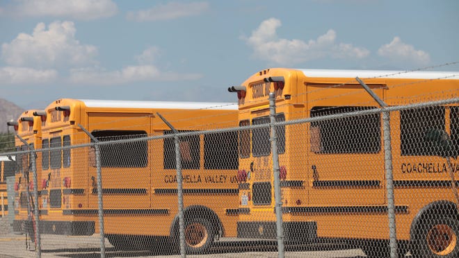 Buses at the Coachella Valley Unified School District bus yard, seen in 2014.