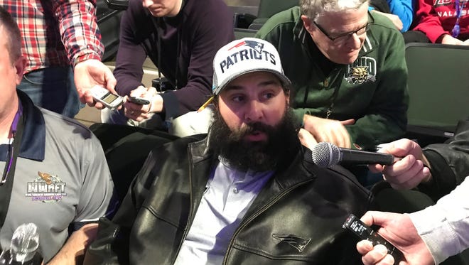 Patriots defensive coordinator Matt Patricia speaks to the media during Super Bowl Opening Night in Minneapolis on Monday, Jan. 29, 2018.