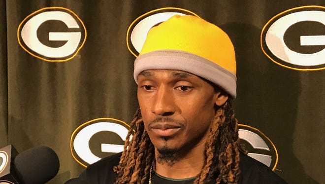 Packers cornerback Tramon Williams fields questions on April 17, 2018, the first day of the offseason program.