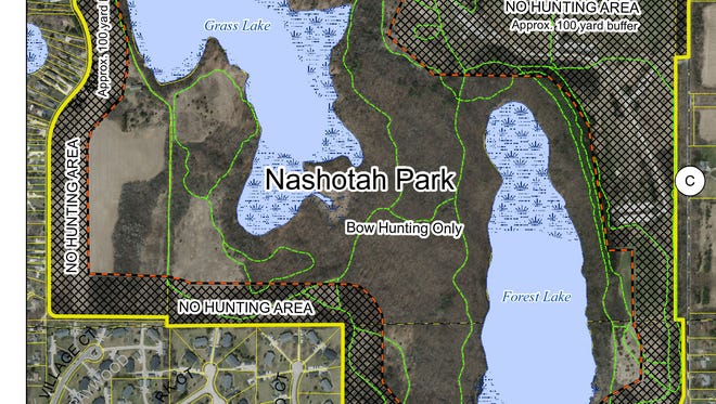 This map shows designated hunting areas in Nashotah Park for the first-ever archery hunt there later this year. The goal of the hunt is to reduce the local deer population.