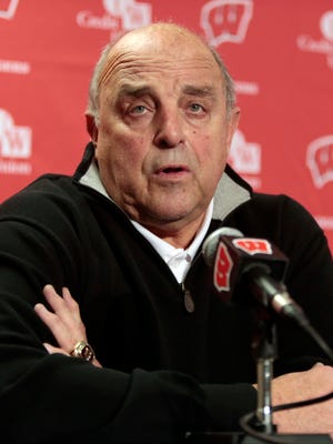 Wisconsin athletic director Barry Alvarez speaks during a press conference in the UW Field House media room near Camp Randall Stadium.