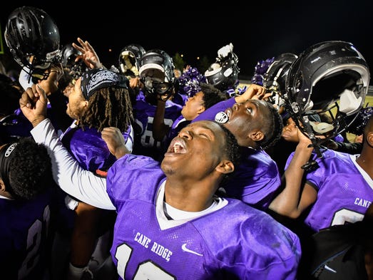 Cane Ridge's Theo Chisom (10) celebrates after their
