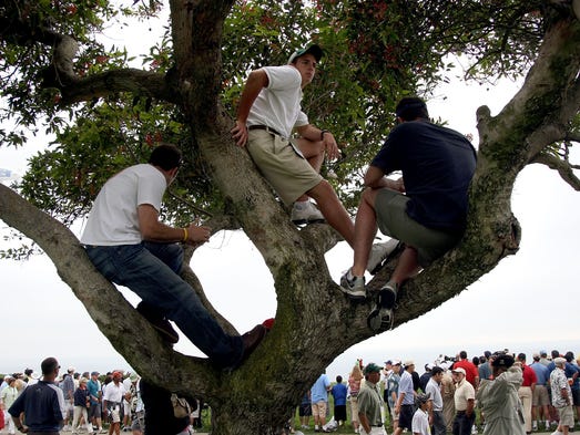 Golf fans watch the play of the Tiger Woods, Phil Mickelson