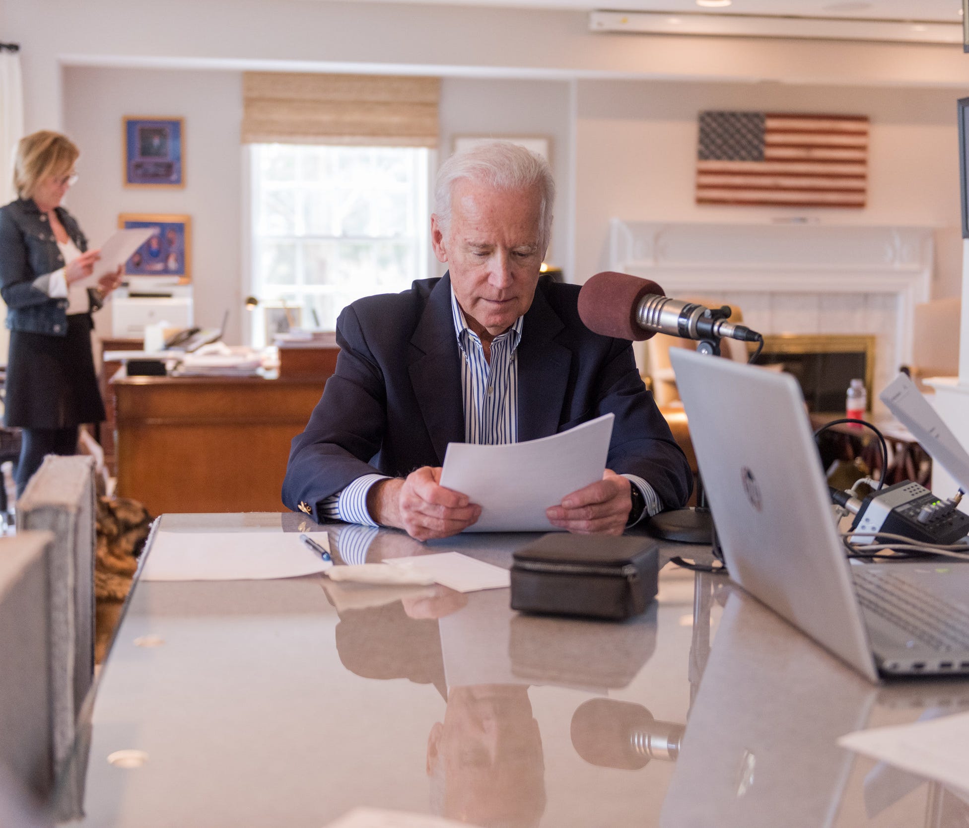 Former vice-president Joe Biden reads the news on Biden's Briefings, a podcast and connected speaker 