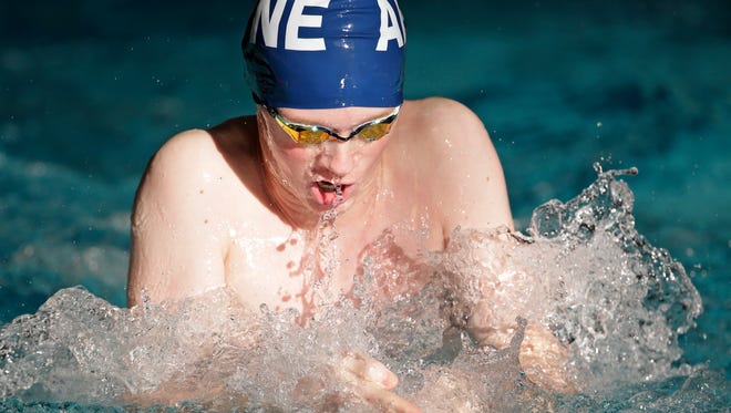 Appleton North's Logan Hash swims the 200-yard medley relay at the Plymouth Invitational on Saturday.