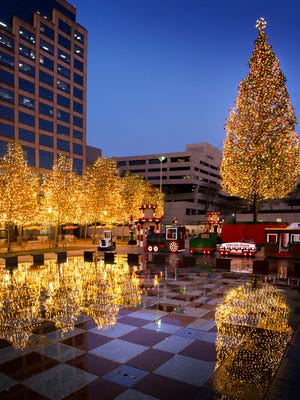 Crown Center in Kansas City is lit up during the holiday season. The mayor's tree is one of the tallest in the nation.