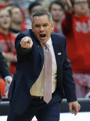 Ohio State coach Chris Holtmann reacts to a call during the second half of an NCAA college basketball game against Penn State last year. The Buckeyes will face Cincinnati to open the season on Wednesday night.